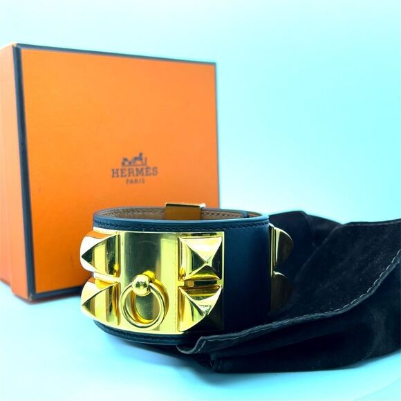 Hermes 2013 Noir Swift Leather Collier de Chien CDC Gold HW Bracelet Size S - Picture 1 of 8